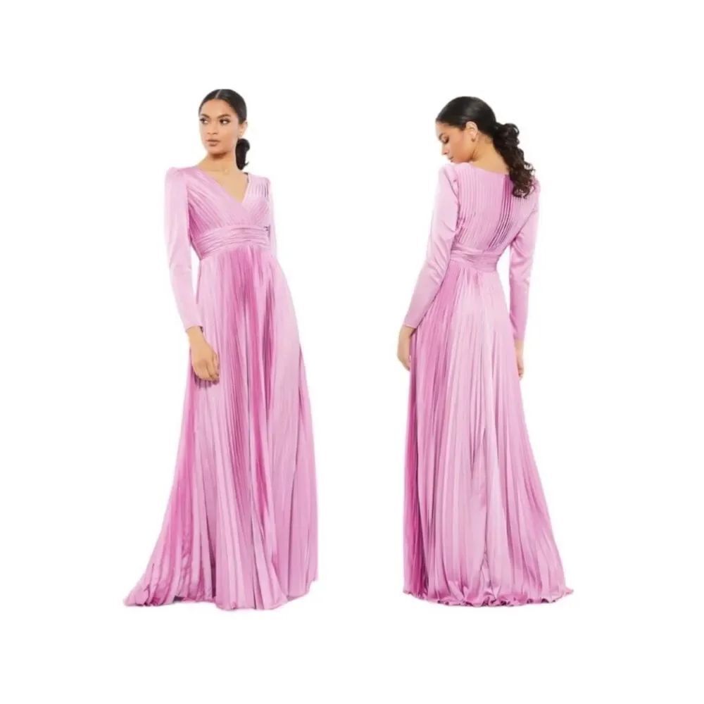 Mac Duggal 26542 Long Sleeve Pleated Chiffon A-Line Lilac Pink Gown $458